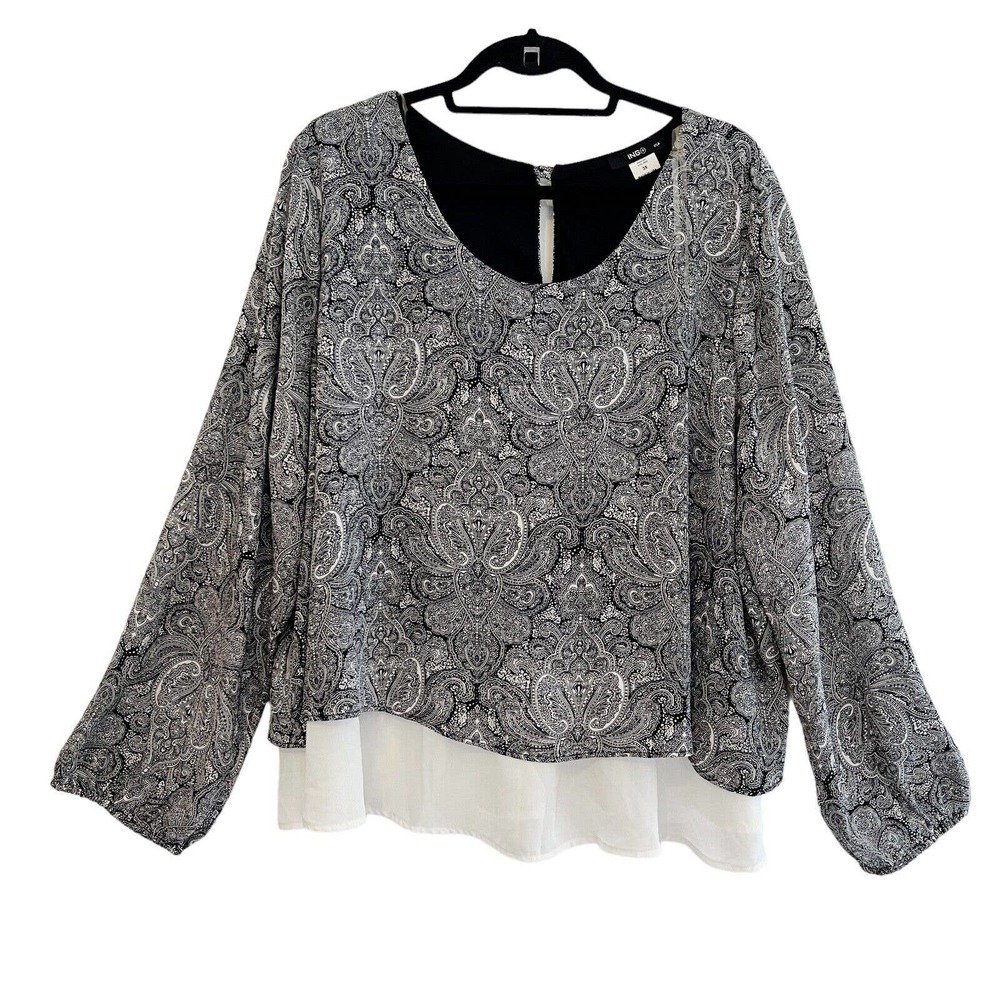 ING+ Top 3X Black Paisley Layered 3/4 Sleeve Round Neck Keyhole Back Made in USA